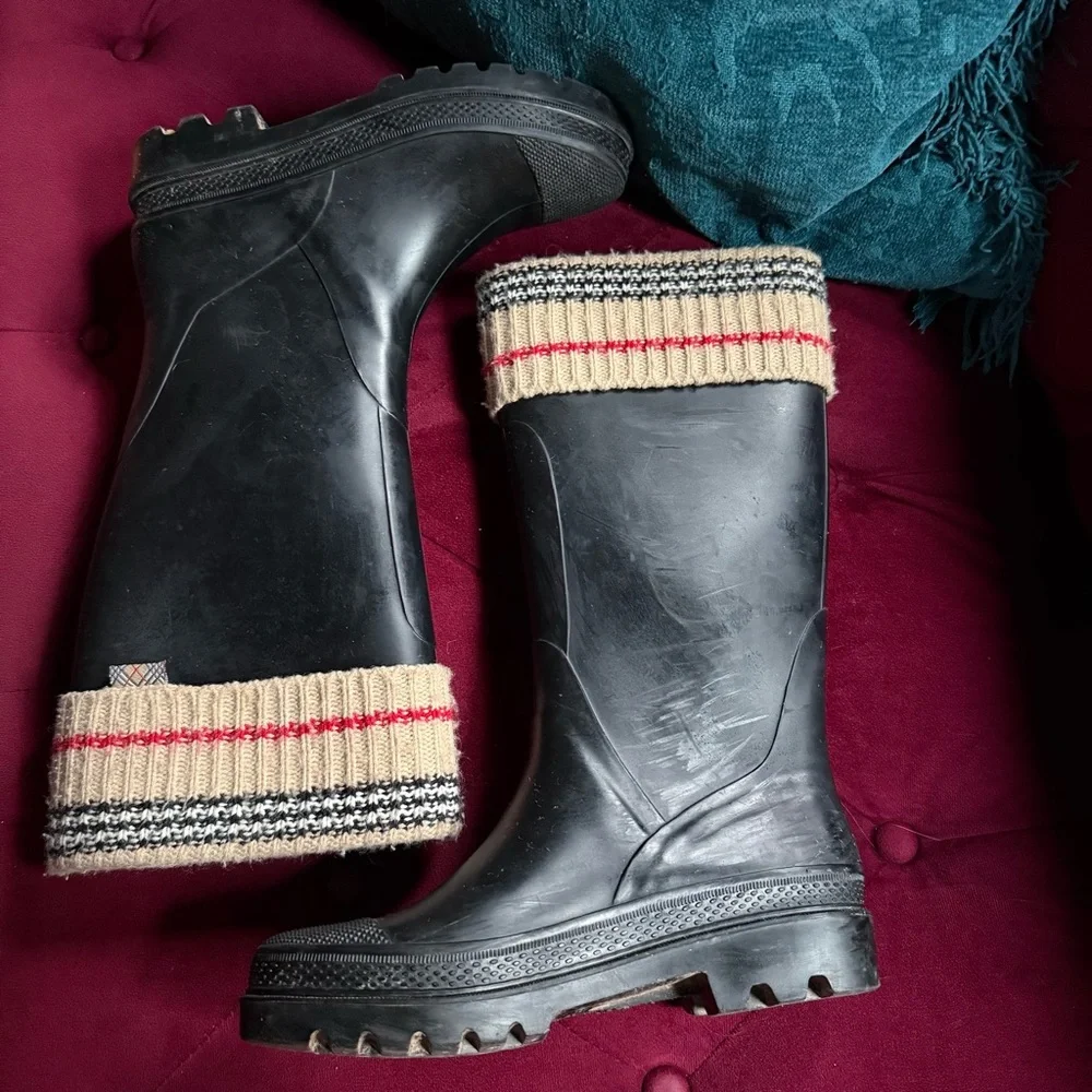 Burberry - Check Knit Cuff Winter Rain Boots - Women’s 7.5 38